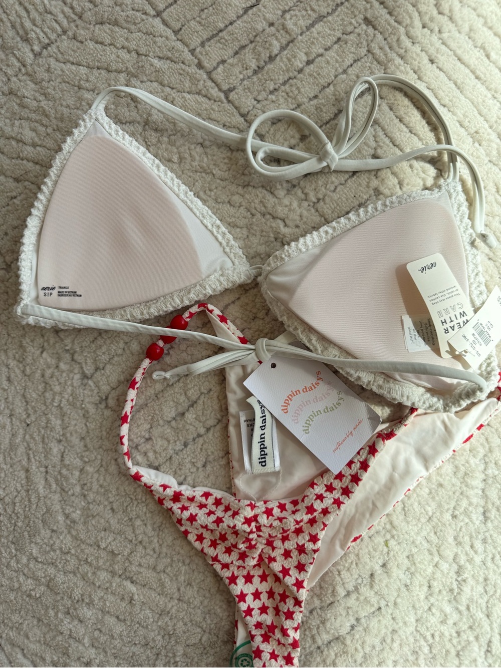 aerie Crochet Triangle Bikini Top in Cream & Red Star Print Bottom - Picture 5 of 7